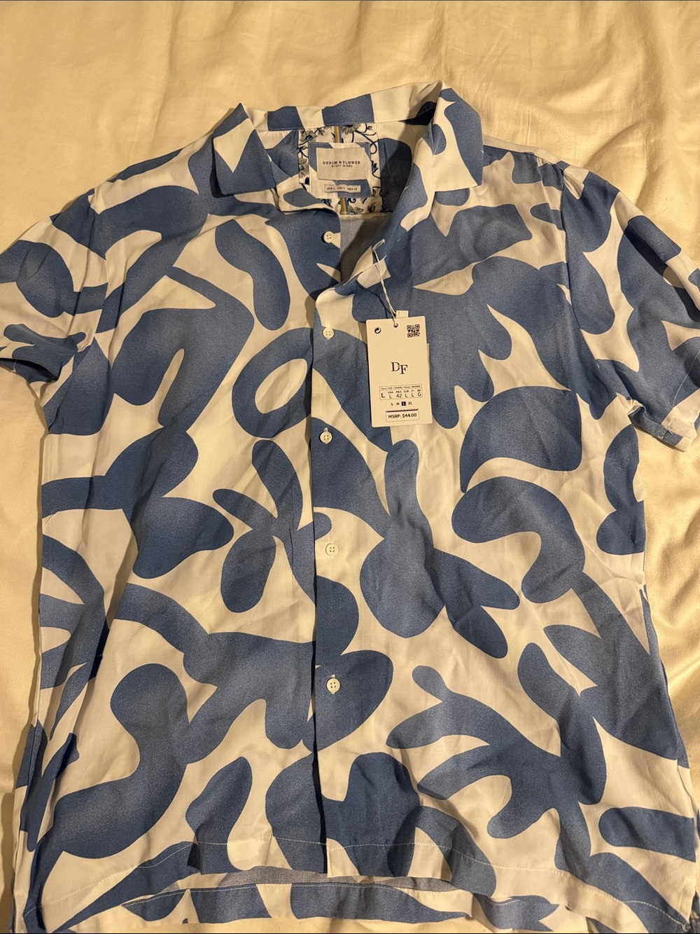 Denim & Flower Abstract Print Shirt in Blue & Beige Large NWT